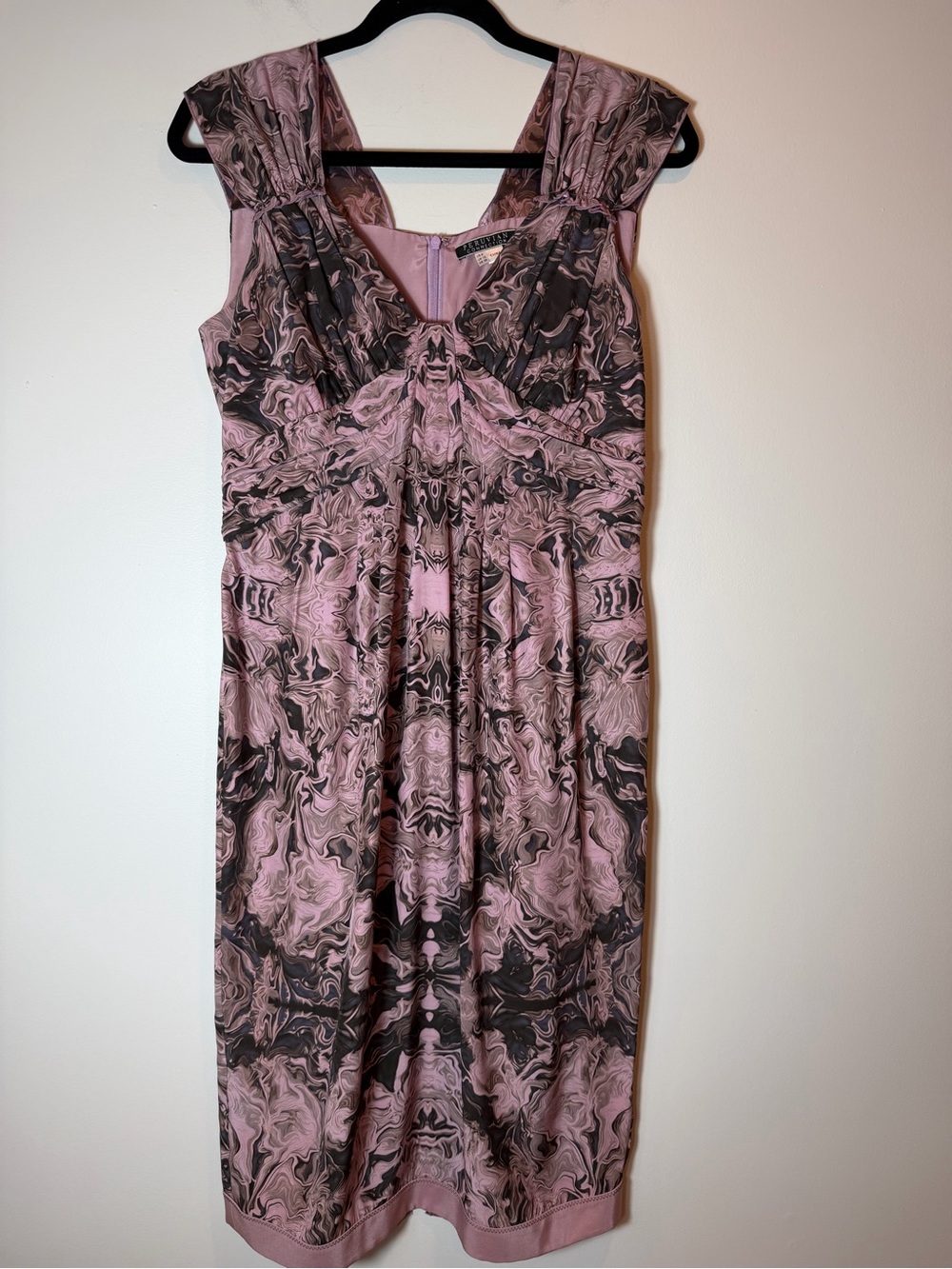 Peruvian Connection Rose Gray 100% Silk Abstract Print Midi Dress Size 8